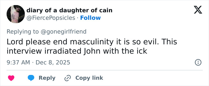 Tweet criticizing masculinity in response to David Corenswet's 1950s perspective on masculinity at Jonathan Bailey.