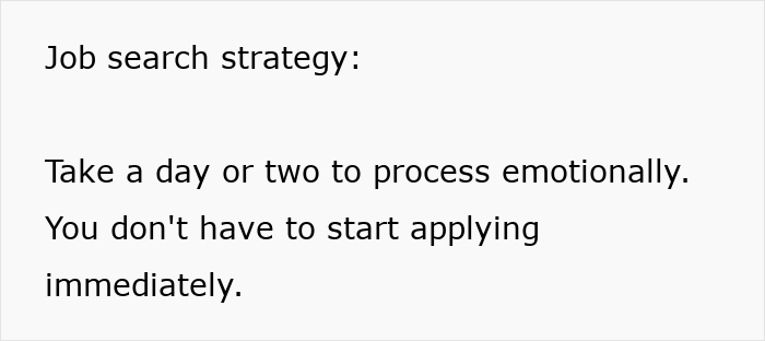 Text image showing a job search strategy advising to take time emotionally and not rush applying, highlighting job safety red flags. Text image showing a job search strategy advising to take time emotionally and not rush applying, highlighting job safety red flags.