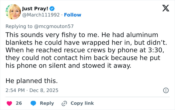 Screenshot of a tweet discussing the boyfriend who abandoned woman on Austrian mountain and his suspicious actions.