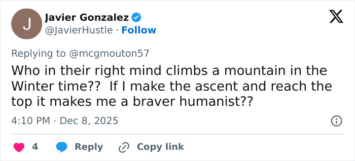 Twitter reply from Javier Gonzalez questioning climbing a mountain in winter, related to boyfriend who abandoned woman on Austrian mountain case.