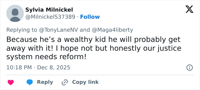 Screenshot of a tweet discussing a wealthy US student&rsquo;s behavior and the need for justice system reform after an altercation.