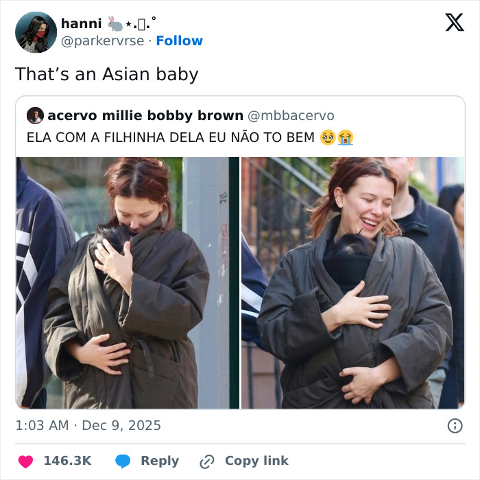 Millie Bobby Brown smiling while holding her newborn daughter outdoors in a viral theory about Millie Bobby Brown's newborn daughter. Millie Bobby Brown smiling while holding her newborn daughter outdoors in a viral theory about Millie Bobby Brown's newborn daughter.