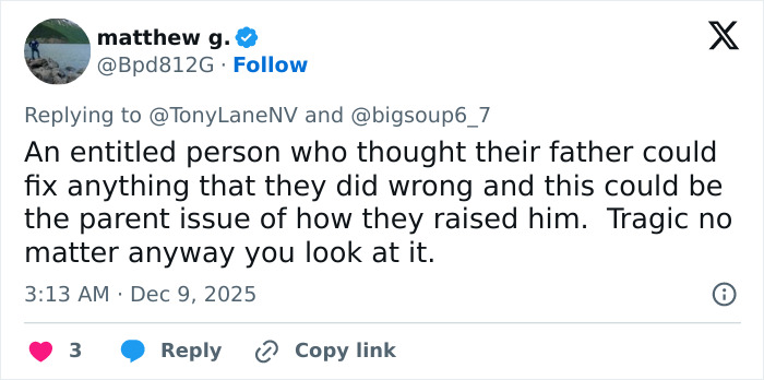 Tweet discussing an entitled wealthy US student and their behavior after leaving girlfriend unresponsive following an altercation.