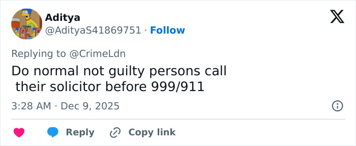 Tweet by Aditya questioning if not guilty persons call their solicitor before emergency services, related to wealthy US student behavior.