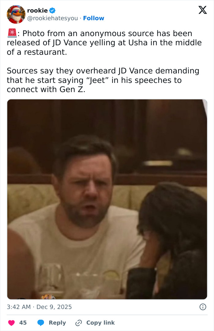 JD Vance and his wife Usha in a tense discussion at a restaurant amid public marriage speculation.