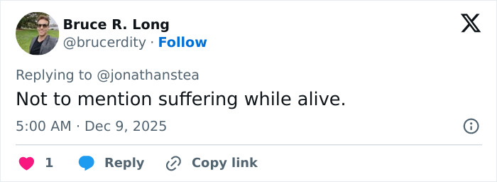 Tweet from Bruce R. Long expressing concern about suffering while alive in response to pseudoscience tragedy involving 5-month-old.