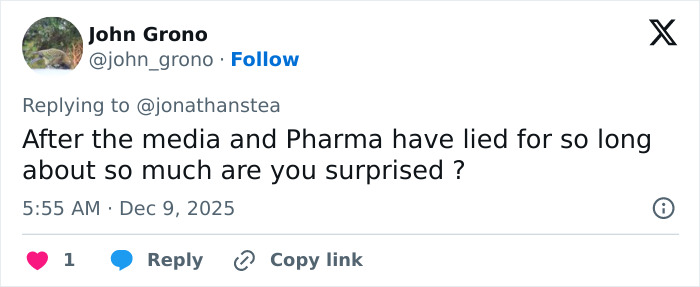Tweet by John Grono criticizing media and pharma, highlighting dangers of pseudoscience leading to tragic consequences in infant care.