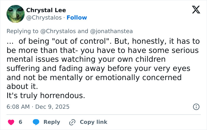 Tweet discussing parents neglecting a 5-month-old's health leading to tragic consequences due to pseudoscience beliefs.