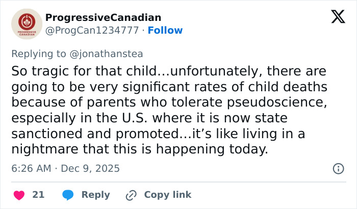 Tweet screenshot discussing a 5-month-old passing away due to parents&rsquo; pseudoscience causing tragic child deaths.