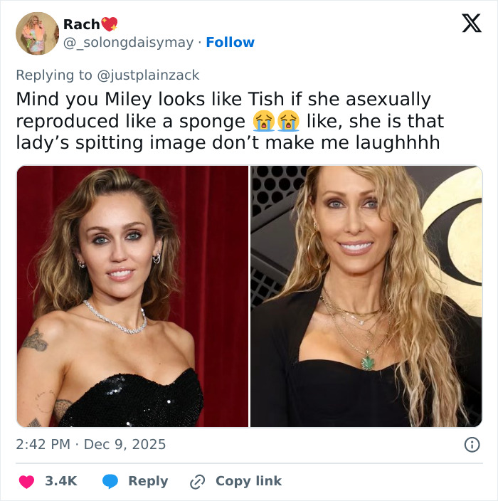 Side-by-side images of Miley Cyrus and a woman claiming to be Miley Cyrus&rsquo; true birth mother.