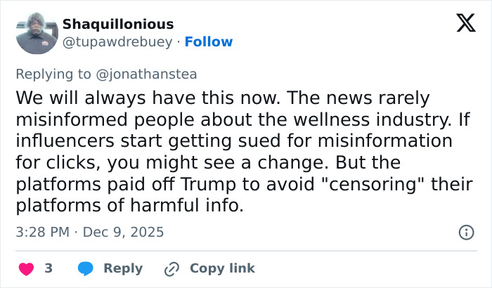 Screenshot of a tweet discussing misinformation and pseudoscience related to wellness and harmful info on social platforms.