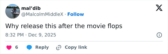 Twitter post by user mal&rsquo;dib questioning why something was released after a movie flopped, reflecting on fan reactions.