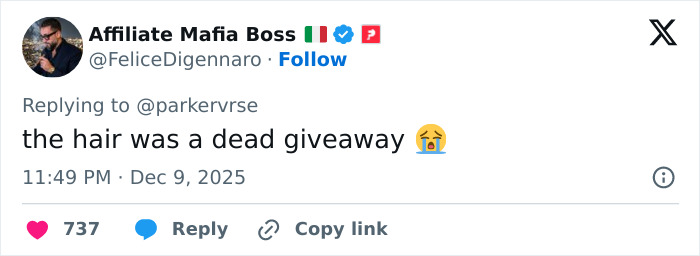 Tweet from Affiliate Mafia Boss reacting with crying emoji about hair being a dead giveaway in viral theory on Millie Bobby Brown's newborn daughter. Tweet from Affiliate Mafia Boss reacting with crying emoji about hair being a dead giveaway in viral theory on Millie Bobby Brown's newborn daughter.