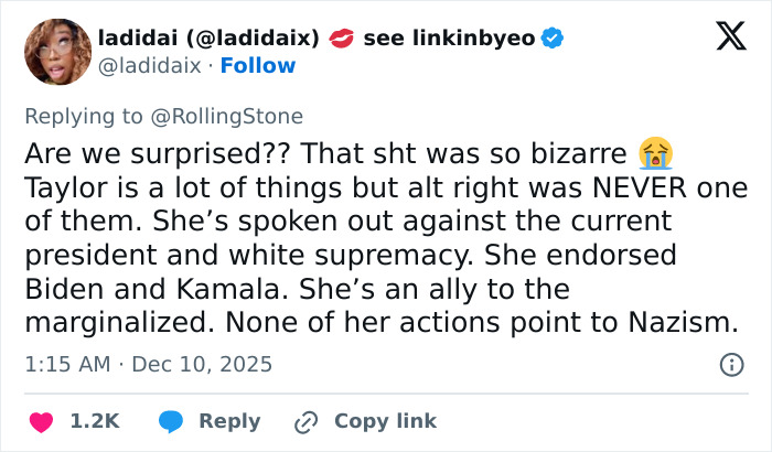 Tweet defending Taylor Swift against fake alt-right conspiracy claims, highlighting her opposition to white supremacy.