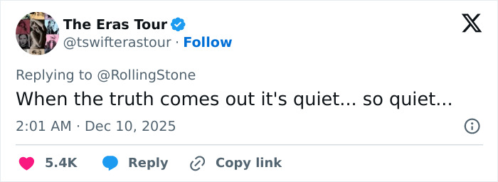 Tweet from The Eras Tour Twitter account replying to RollingStone with a message about Taylor Swift and false conspiracy claims.