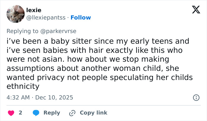 Alt text: Social media comment discussing a viral theory about Millie Bobby Brown's newborn daughter's hair and ethnicity speculation. Alt text: Social media comment discussing a viral theory about Millie Bobby Brown's newborn daughter's hair and ethnicity speculation.