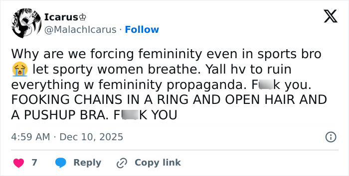 Social media post criticizing forced femininity in sports, reacting to a Sports Illustrated cover featuring Sydney Sweeney.