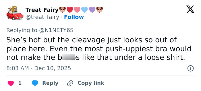 Tweet screenshot discussing Sydney Sweeney fans noticing an odd detail about cleavage in the Sports Illustrated cover.