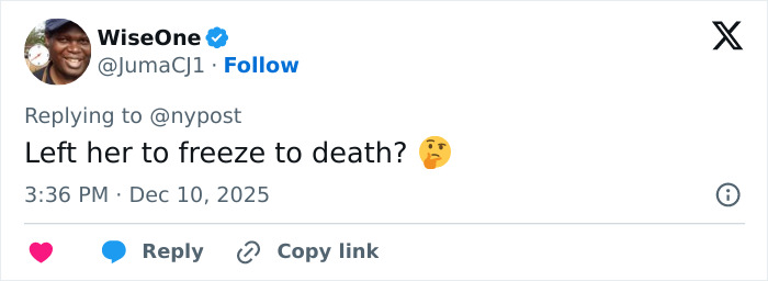Screenshot of a tweet questioning the boyfriend who abandoned woman on Austrian mountain, implying she was left to freeze to death.