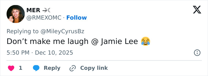 Twitter user MER responding to Miley Cyrus with a laughing emoji, discussing claims about her birth mother.