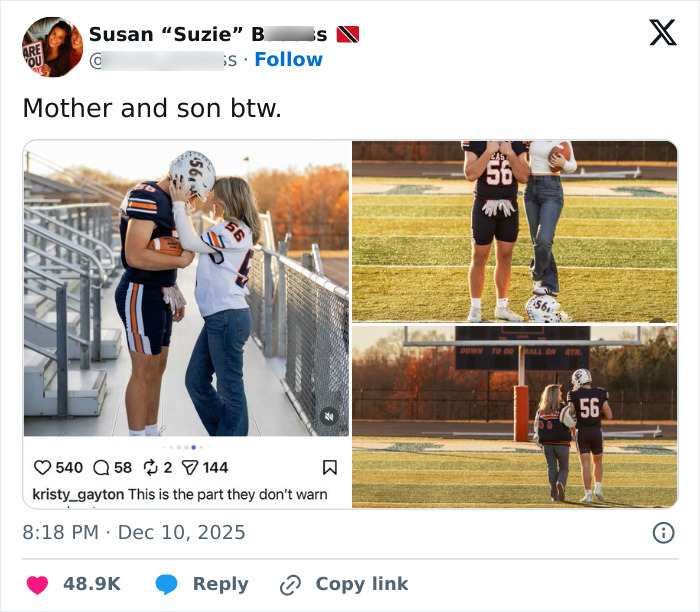 Mother and son photoshoot on football field sparks heated parenting debate on dating own son.
