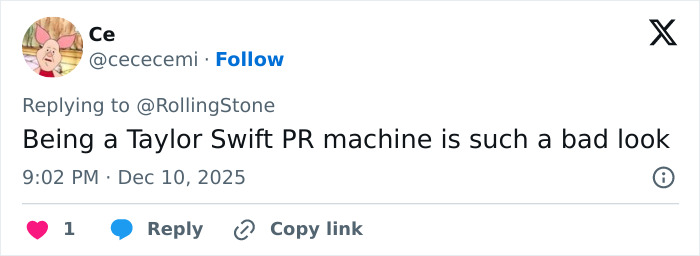 Tweet criticizing Taylor Swift PR, mentioning fake conspiracy about coded white-nationalist messages targeting her online.