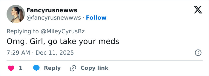 Screenshot of a social media reply discussing a woman claiming to be Miley Cyrus&rsquo; true birth mother and her pregnancy age.