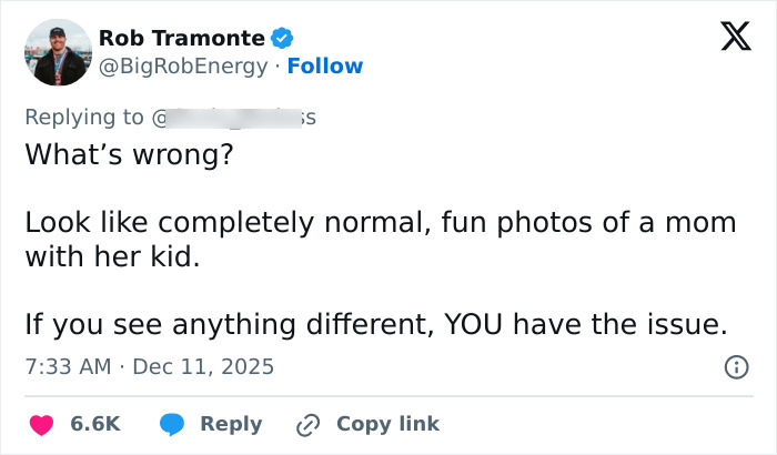 Tweet by Rob Tramonte defending a mother-son photoshoot amid a heated parenting debate about dating rumors.