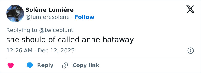Tweet screenshot from user Sol&egrave;ne Lumi&egrave;re replying to @twiceblunt, mentioning plastic surgery rumors linked to Emily Blunt's podcast appearance.