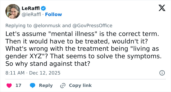 Tweet discussing mental illness and treatment in relation to Elon Musk&rsquo;s comment about his daughter Vivian sparking outrage online
