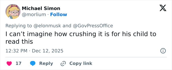 Screenshot of a Twitter reply expressing empathy about Elon Musk&rsquo;s tragic mental illness comment involving his daughter Vivian.