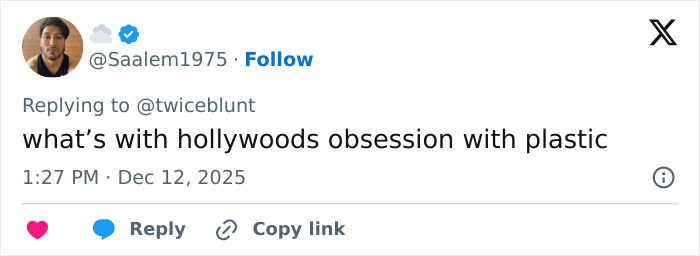 Screenshot of a tweet discussing Hollywood&rsquo;s obsession with plastic surgery, related to Emily Blunt&rsquo;s podcast appearance.