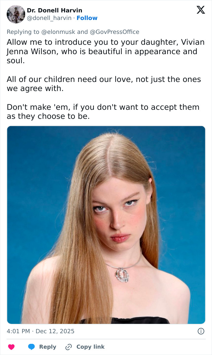 Tweet discussing mental illness and acceptance in response to Elon Musk&rsquo;s comment about daughter Vivian with portrait of a young woman.