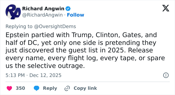 Tweet criticizing selective outrage over Epstein guest list amid new estate photos, sparking backlash on social media. Tweet criticizing selective outrage over Epstein guest list amid new estate photos, sparking backlash on social media.