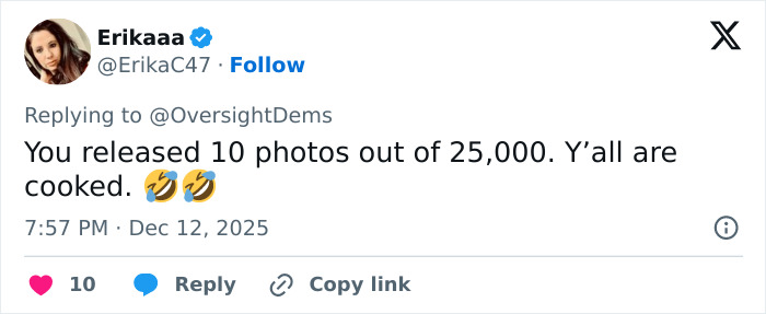 Tweet criticizing release of limited Epstein estate images, sparking backlash over disturbing Epstein desk photo by Congress. Tweet criticizing release of limited Epstein estate images, sparking backlash over disturbing Epstein desk photo by Congress.