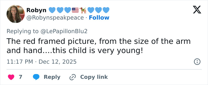 User tweet expressing concern about a red framed photo of a very young child amid disturbing Epstein desk photo backlash. User tweet expressing concern about a red framed photo of a very young child amid disturbing Epstein desk photo backlash.