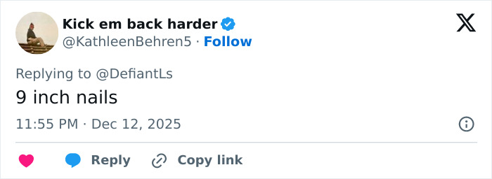 Tweet by verified user Kick em back harder mentioning 9 inch nails in a reply on social media platform.