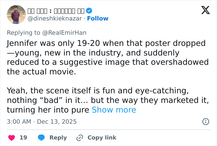 Tweet discussing Jennifer Connelly’s early career and regret over iconic movie scene marketing sparking career debate. Tweet discussing Jennifer Connelly’s early career and regret over iconic movie scene marketing sparking career debate.