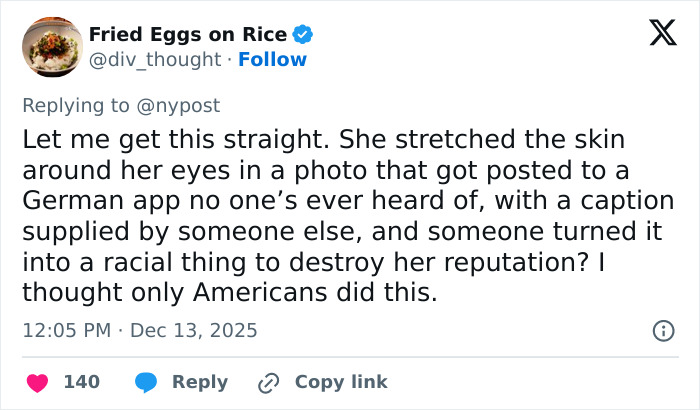 Tweet discussing backlash after Miss Finland loses crown over racist gesture controversy on social media.