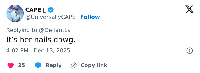 Tweet from CAPE replying to DefiantLs with the text It&rsquo;s her nails dawg sparking debate about Cynthia Erivo's oddly large hands.