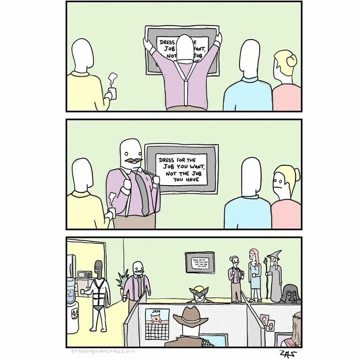 Extra Fabulous Comics comic strip with office workers and dark humor about dressing for the job you want not the job you have.