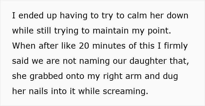 Text showing a tense conversation where a couple argues over their newborn's bizarre name causing emotional distress and conflict.