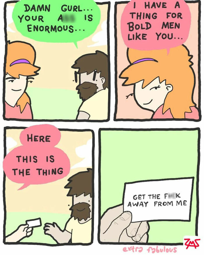 Comic strip from Extra Fabulous Comics featuring dark humor and unexpected endings with bold, simplified characters.