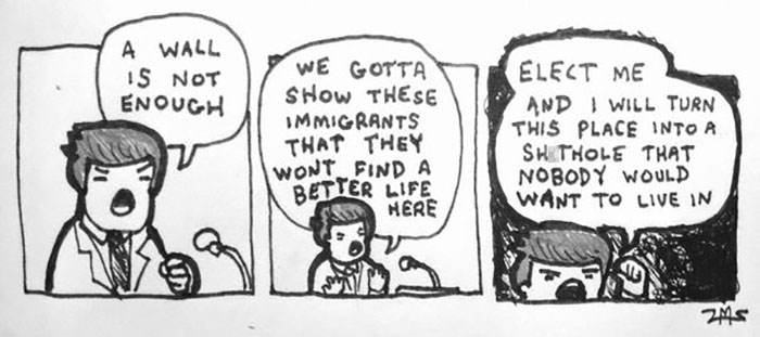 Black and white Extra Fabulous Comics panel featuring dark humor about immigration and political promises.