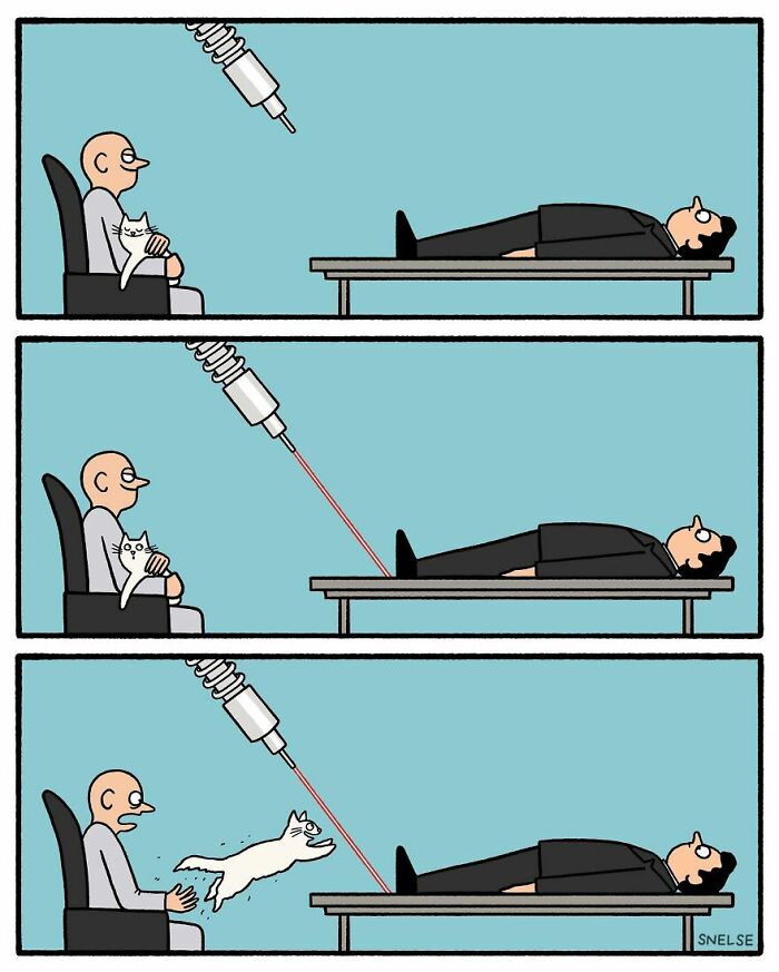 Comic illustration of a person holding a cat while a laser targets a man lying on a table, humorously showing a cat jumping.