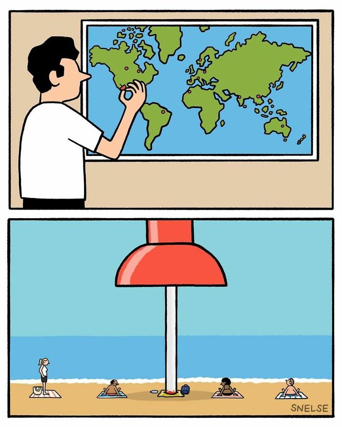 Illustration comic showing a man marking a world map and a beach with giant ketchup dispenser shade in a humorous style.