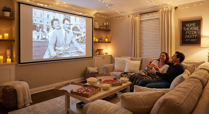 Couple enjoying an at-home date night with pizza and a classic movie in a cozy living room decorated with string lights.