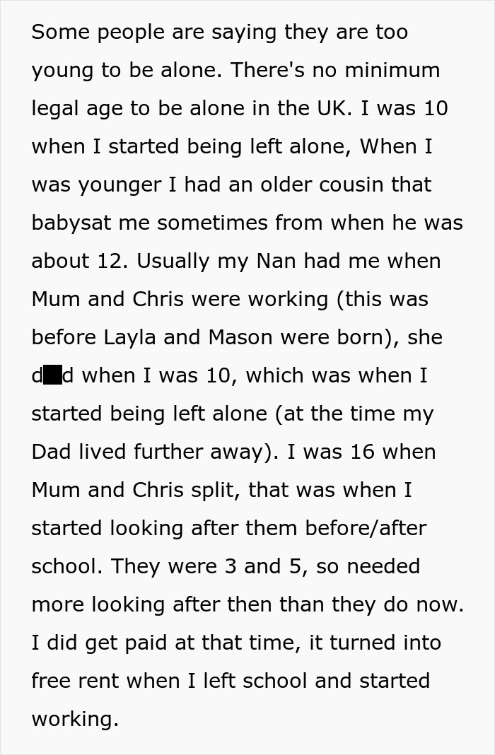 Text passage describing experiences of being left alone and babysat as a child, highlighting family childcare challenges.