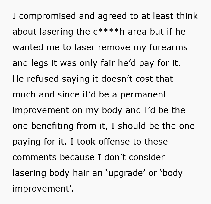 Text excerpt discussing boyfriend demanding girlfriend laser remove body hair and debate over payment and body hair removal.