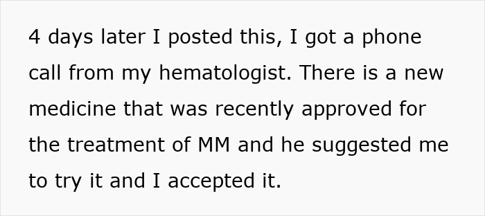 Text about a phone call from hematologist regarding new medicine after posting about not wanting a funeral.